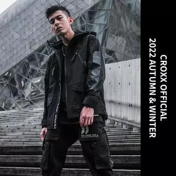 CR и новая мужская одежда, функциональная ветрозащитная куртка в стиле панк, пальто, повседневная темная мужская спринтерская рубашка с капюшоном и принтом L чёрный