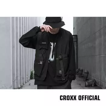 CR / Многокарманная Функциональная рабочая одежда Тактический жилет Темный уличный жилет без рукавов Универсальный топ и пальто для мужчин и женщин L чёрный