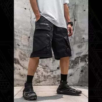 CR Мужские брюки с деконструктивной функцией, японская рабочая одежда для Instagram, повседневные прямые короткие брюки с несколькими карманами и разрезом 2XL чёрный
