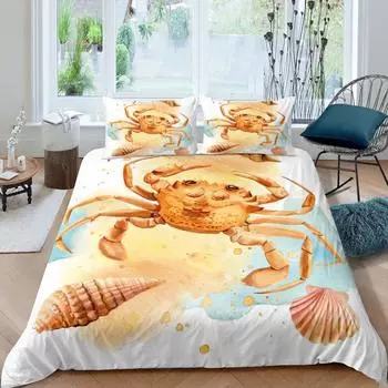 Crab Duvet Cover King Queen Cartoon Ocean Animal Bedding Set for Kids Teens Adults Sea Wildlife 2/3pcs Polyester Quilt Cover 70x133cm 2pcs