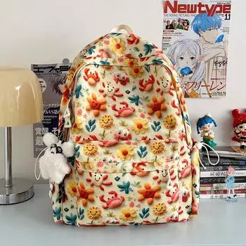 Crab Flower Cute Fox Bear Daisy Cartoon Printed Student Backpack Pendant With Sunflower Pendant