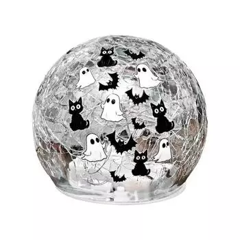 Crackle LED Glass Ball Lamp Halloween Ghost Bat Cat Cracked Ball Light with Warm Light for Halloween Walkway Path Garden Tabletop Decor чистый
