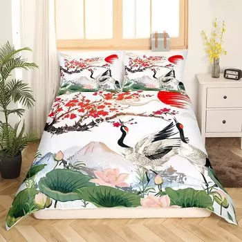 Crane Bedding Set Girl Cherry Blooming Fuji Mountain Sun Duvet Cover Kids Women Lotus Floral Comforter Cover Watercolor Decor EU single(135x200cm)