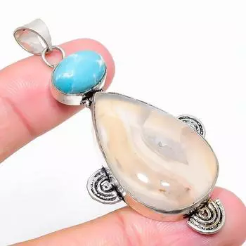 Crazy Lace Agate, Larimar 925 Sterling Silver Jewelry Pendant 2.72 y5K05 белый