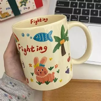 Cream Graffiti Cartoon Mark Ceramic Cup Office Large Capacity Water Cups High Appearance High Temperature Resistant Gift 300ml 300ml