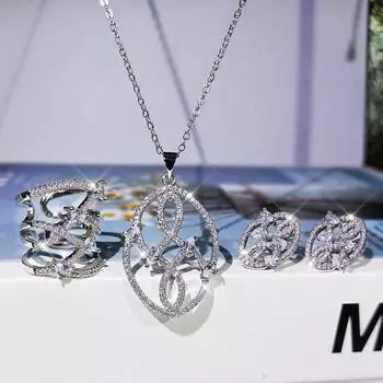 Creative and Fashionable Versatile Tree Leaf Earrings Plated with White Gold Zircon Ring Necklace Womens Jewelry Three Piece Set