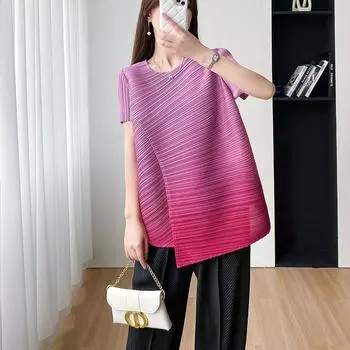 Creative and Original Foreign Trade Popular Style Classy Gradient Tops Female New Arrival Loose Plus Size Asymmetrical Pleated Short Sleeves T-shirt Rose Red F