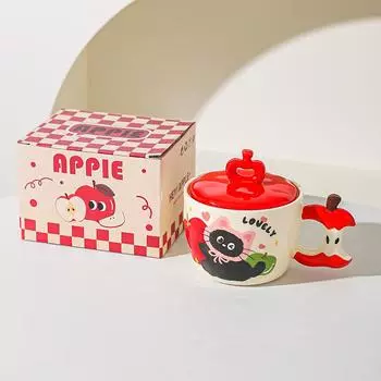 Creative Apple Cat Mug with Lid High Pretty Couple Ceramic Cup Souvenir Gift Cup for Best Friends Breakfast Cup 401-500ml