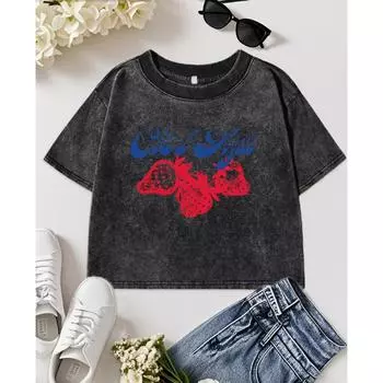 Creative Art Letter Strawberry Fruit Print Washed T Shirt Women Cotton Y2K T-Shirt Slim Crewneck Clothes Comfortable Top M