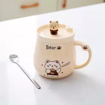 Creative Bear Ceramic Mug Cute Cartoon Couple Cup Water Cup with Lid Spoon Coffee Cup Breakfast Milk Cup 301-400ml