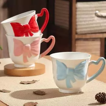 Creative Bow Cute Makeup High Beauty Household Niche Premium Water Cup with Spoon Large Capacity Ceramic Cup 480ml