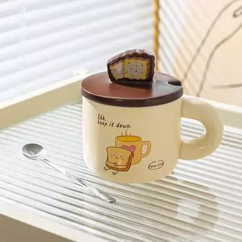 Creative Bread Ceramic Home Use Cute Cartoon Mug Mug Couple Water Cup with Lid Spoon Coffee Cup Breakfast Cup 301-400ml