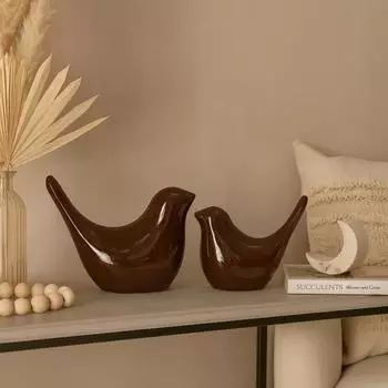 Creative Brown Glossy Ceramic Birds Figurines Home Decorations Accessories Party (Pack of 2, Brown)
