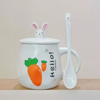 Creative Carrot Rabbit Ceramic Mug with Lid Spoon for Home Use Cute and Beautiful Girl Drinking Water for Breakfast 301-400ml