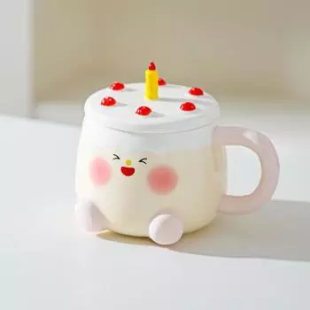 Creative Cartoon Cake Cup Birthday Gift Souvenir Ceramic Cup Cute Good Looking Water Cup with Lid Mug 301-400ml