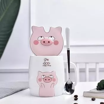 Creative Cartoon Cute Pig with Lid Ceramic Cup Boy and Girl Couple Mug Milk Cup Gift Cup Office Water Cup 401-500ml