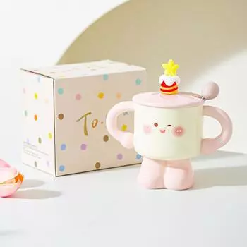 Creative Ceramic Cup with Lid Spoon Mug Small Cute Cup for Girls and Boys Gift Birthday Gift Milk Cup 301-400ml
