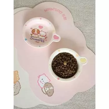 Creative Ceramic Flat Bottomed Food Bowl, Dining Plate, Anti Overturning,Prevent Black Chins for Cats and Dogs Pets розовый