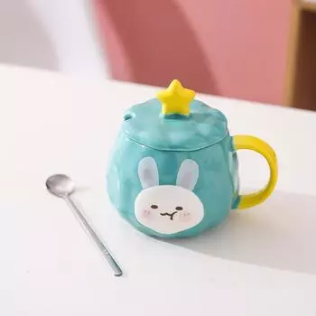 Creative Ceramic Mug Cute Cartoon Rabbit Couple Cup Water Cup Coffee Breakfast Cup with Lid Spoon High Appearance 401-500ml