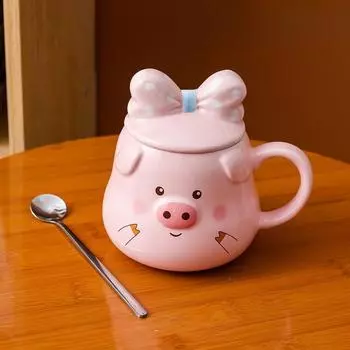 Creative Ceramic Mug Cute Pig Pink Girl Heart Cartoon Cup with Lid Spoon Water Cup Breakfast Cup Coffee Cup 401-500ml