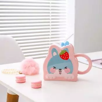 Creative Ceramic Straw Cup Cartoon Cute Rabbit Mug Pink Girl Heart Large Capacity Couple Cup Water Cup 600ml