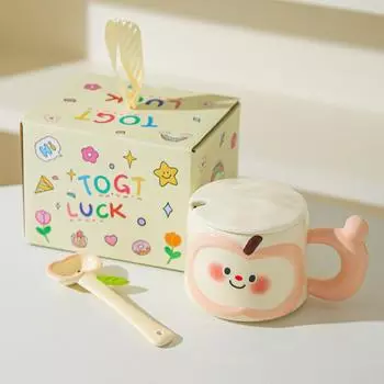 Creative Cute Apple Water Cup High Value Ceramic Mug with Lid Spoon Practical Souvenir Gift Box 301-400ml