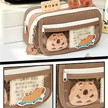 Creative Cute Capybara Pencil Bag with Hanging Ornaments, Brooch Random Stickers, Ideal for School, Office, Animal Lovers шоколадный