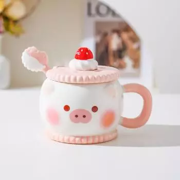Creative Cute Cartoon Ceramic Mug Pink Girl Heart Gift Cup Water Cup with Lid Spoon Pig Cat Cup 401-500ml