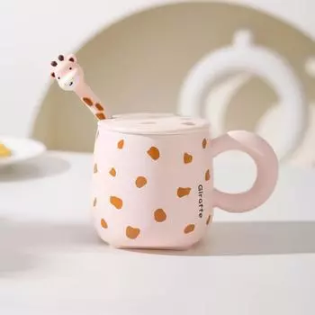 Creative Cute Ceramic Cup Mug with Lid Spoon Children Drinking Water Cup Couple Cup Milk Coffee Cup for Girls 301-400ml