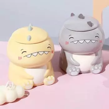 Creative Cute Dinosaur Water Cup Hand Painted Office Breakfast Milk Coffee Ceramic Mug With Cover Decoration Drinkware Teacup 401-500ml