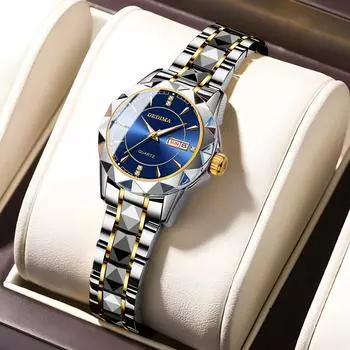 Креативные модные женские часы с бриллиантовой огранкой, двойным календарем и стразами, водонепроницаемые, светящиеся, элегантные, трендовые, женские кварцевые часы, синие часы синий