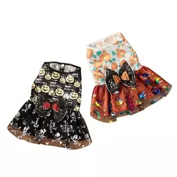 Creative Halloween Dog Dress Pumpkin Pattern Pet Lace Skirt Dog Pumpkin Lace Dress Halloween Decor M-Orange Dress
