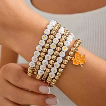 Creative Handmade Acrylic Beaded Bracelet Set with Thanksgiving Maple Leaf Design