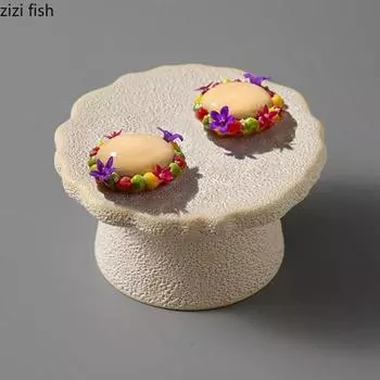 Creative Irregular Ceramic High Foot Dessert Plate Restaurant Dim Sum Plate Molecular Cuisine Display Plate Specialty Tableware