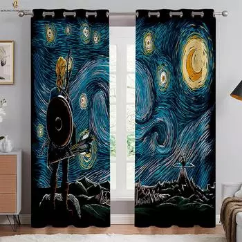 Creative Landscape Oil Painting Printed Curtains 100% Polyester Bedroom Living Room Study Room Decorative Curtains 2 Pieces W50xH130(CM)x2PCS&Grommet Top
