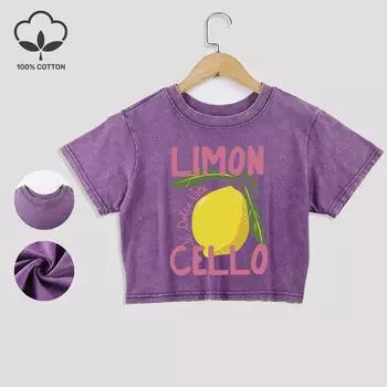 Creative Lemon Fruit Cello Printed Cotton Crop Tees Street Summer Lace Hem Washed T-Shirts Distressed Clothes M