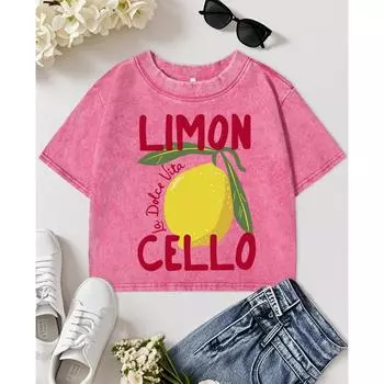 Creative Lemon Fruit Cello Prints Washed Crop T Shirt Woman Summer Cotton Clothes Casual Y2K Tops Slim Crewneck T-Shirts M
