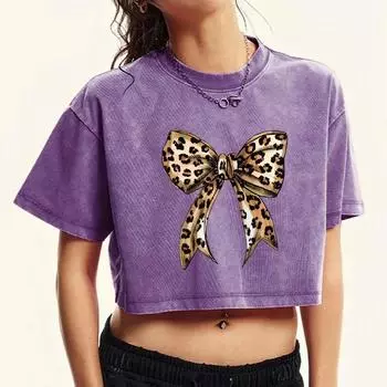 Creative Leopard Print Bow Printing Washed T Shirt Women Retro Casual Tees O-Neck Cotton Short Sleeve Slim Tee Shirts M