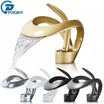 Creative Matte Golden Bathroom Basin Faucet Black Waterfall Vessel Sink Faucet Brass Vanity Sink Mixer Tap Hot Cold Basin Faucet матовый черный