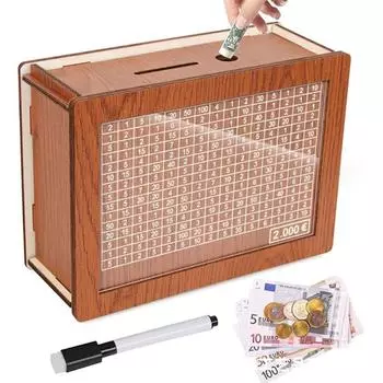 Creative Money Sacing Box Wooden Penny Bank with Marking Pen 1000-10000 Euros Christmas Gift for Kids Home Crafts Decoration