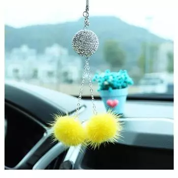 Creative New Mink Hair Crystal Diamond Ball Peach Heart Rearview Mirror Pendant Tassel Style Car Hanging Decoration PendantItems Yellow