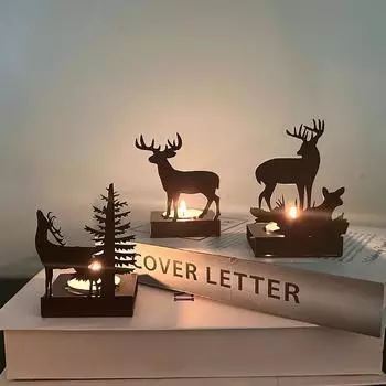 Creative Ornaments A Deer Has Your Candlestick Metal Black Wrought Iron Elk Christmas Luminous Decoration Crafts Home Decor 1Pc