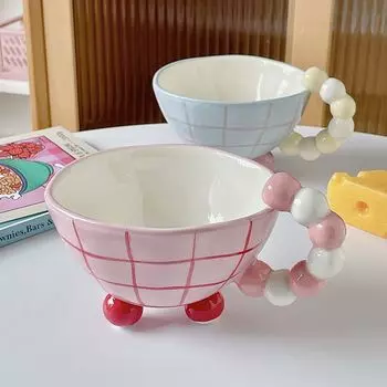 Creative Pearl Handle Coffee Ceramic Cup High Appearance Mug Acaron Color Cute Office Tea Cup Home Couple Water Cup 300ML