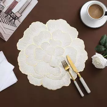 Creative Peony Placemat Nordic Style Gold Plated Home Coasters PVC Dinning Table Decorative Mat Anti Slip Waterproof Meal Mat R38cm&1 pieces