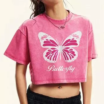 Creative Pink Butterfly Prints Washed T-Shirt Women Casual Cotton T Shirts Soft Crewneck Short Sleeve Fashion Tops M