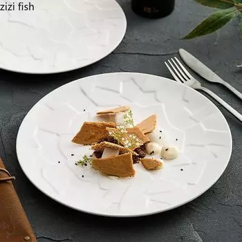 Creative Relief Texture Ceramic Flat Plate Restaurant Dessert Dish Sushi Plate Pasta Plate Molecular Cuisine Specialty Tableware