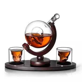 Creative Skull Glass Whiskey Decanter Set 80ml Skull Mug and 850ml Skull Vodka Globe Decanter With Wood Rack Home Bar Kit Gift