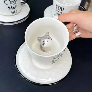 Creative Small Capacity Relief Cat Ceramic Cup with Small Animals Drinking Bean Belt Spoon Cups Plate Mug 220ml