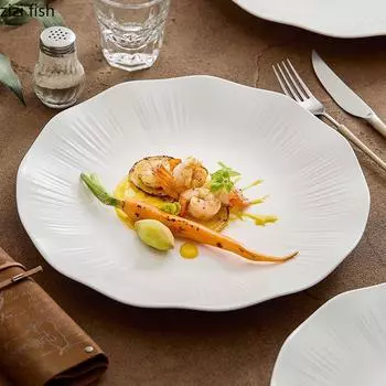 Creative Striped Ceramic Lotus Leaf Flat Plate Restaurant Steak Plate Dessert Pasta Plate Molecular Cuisine Specialty Tableware