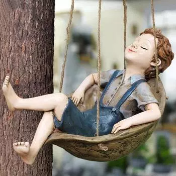 Creative Swing Boy Tree Pendant Resin Garden Miniatures Garden Decoration Boy Statue Christmas Boy